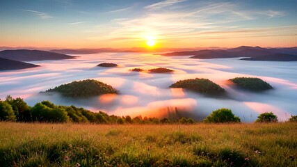 Serene sunrise over misty hills with vibrant colors and soft clouds