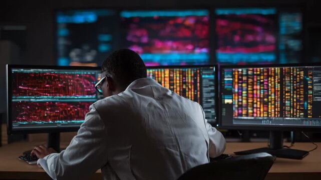 Researcher analyzing genomic sequences on multiple screens highlighting DNA patterns in vibrant colors for advanced bioinformatics data processing methods