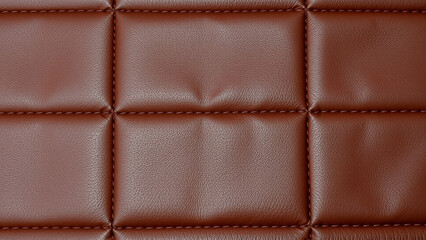 Fototapeta premium The surface texture of artificial leather is brown, stitched in the form of diamonds, squares, rectangles. Quilted eco-leather. 