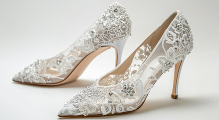 Obraz premium Elegant white lace high heel shoes isolated on white background