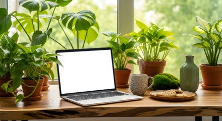 Open laptop with blank screen on a natural wooden desk by a window, surrounded by numerous potted green houseplants. Features a coffee mug, cookies, and vase in a healthy environment.