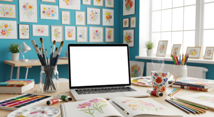 Laptop with a blank screen on a messy artist's desk, surrounded by watercolor supplies, brushes, and open sketchbooks. The vibrant studio has blue walls covered with framed floral art.