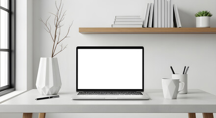 Open laptop with blank screen on a simple white desk. Minimalist decor includes a white geometric mug, pen holder, and a large white vase with branches, set against a white wall.