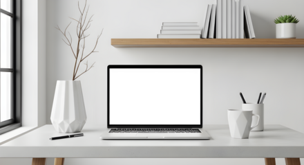 Open laptop with blank screen on a simple white desk. Minimalist decor includes a white geometric mug, pen holder, and a large white vase with branches, set against a white wall.