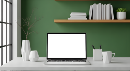 Laptop centered on a white desk against a soothing green wall. Modern decor includes white geometric vases, a white pen holder, and wooden shelves with stacked books and a succulent