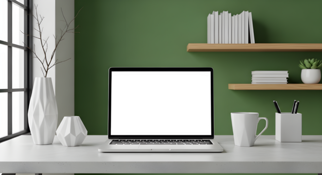 Laptop on a clean white desk against a calming green wall. Modern decor includes white geometric vases, a steaming mug, and wooden shelves with books.