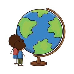 Boy holding globe concept of global education and planet Earth with map illustration