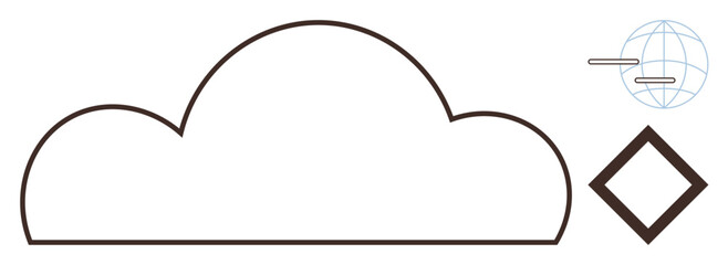 Minimalistic cloud shape, globe with outlined lines, and diamond. Ideal for cloud technology, global connectivity, data sharing, digital economy, innovation, minimalism simple flat metaphor