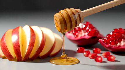 Close-up shot of honey dripping from a dipper onto an apple and pomegranate. - Powered by Adobe