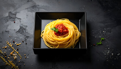 Spaghetti Nest with Red Sauce in Black Square Plate on Textured Dark Background Studio Shot Top View