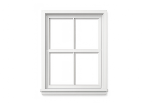 White wooden sash window frame with mullions, isolated, having a transparent background for easy integration