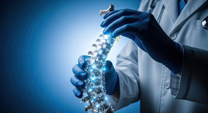 Doctor Examining Spinal Cord Model with Digital Network Overlay for Medical Technology and Healthcare Innovation Concepts. Spine Health Illustration