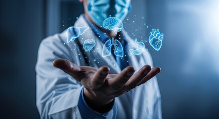 Doctor Holding Digital Human Organs: Innovative Medical Technology and Healthcare Solutions, Digital Health, Future Medicine, and Anatomy Concept