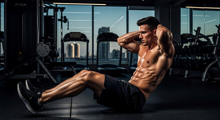 muscular man exercising abs in modern gym