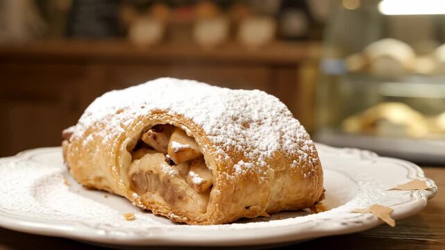 Close-up shot of a delicious apple strudel dusted with powdered sugar on a plate.