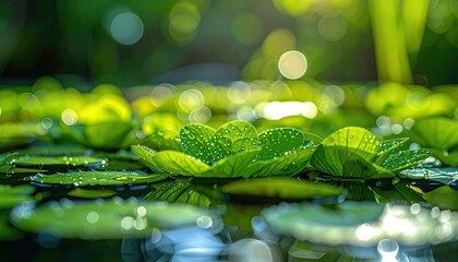 Close Up Of Lily Pads Floating On Dark Water With Sunlight Filtering Through Green Leaves And Creating Bokeh Effect
