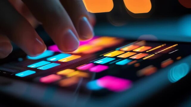Colorful Tablet User Interface Engaging Touchscreen Interaction Showcasing Modern Design and Vibrant Technology Elements in Dimly Lit Environment
