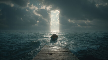 A small boat departs a quiet dock, leaving ripples behind in calm water, symbolizing ambition, new journeys, and the pursuit of dreams in a serene, hyperrealistic setting.