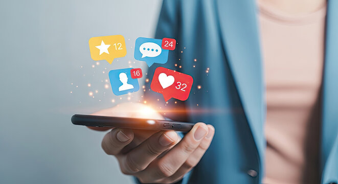 Social Media Marketing on Mobile Phone: Hand Holding Smartphone with Social Media Icons, Notifications, Likes, Comments and New Followers Concept