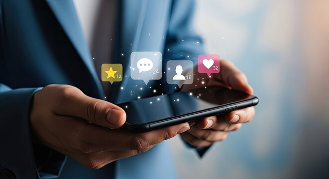Engaging Social Media Marketing: Person Using Phone with Notifications, Likes, Comments, and Followers for Business Growth and Digital Strategy Success