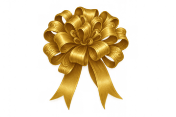 Golden gift bow with ornate scroll details, decorating a present for a celebration or holiday event