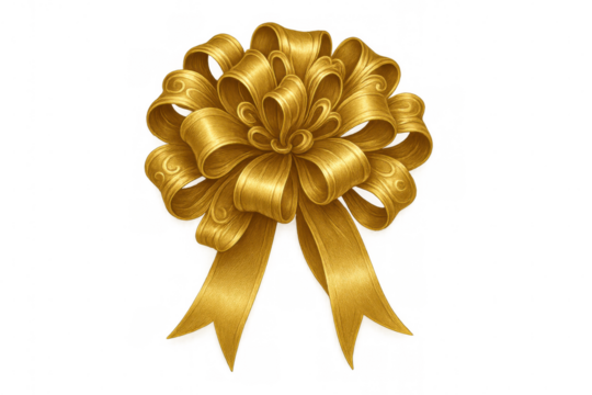 Golden gift bow with ornate scroll details, decorating a present for a celebration or holiday event