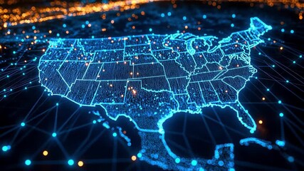 Digital USA map with glowing connections, representing technology and networks. - Powered by Adobe