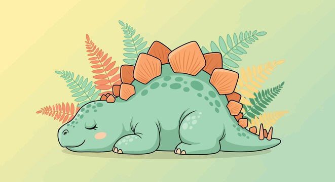 Adorable sleeping baby dinosaur in calming pastel colors with leafy ferns makes the perfect nursery decor or imaginative play backdrop