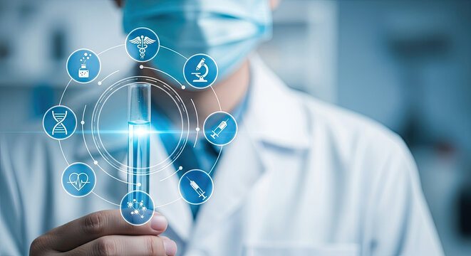 Medical Research Concept: Doctor Holding Test Tube with Digital Health Icons. Innovative Healthcare Technology and Science for Diagnostics and Treatment.