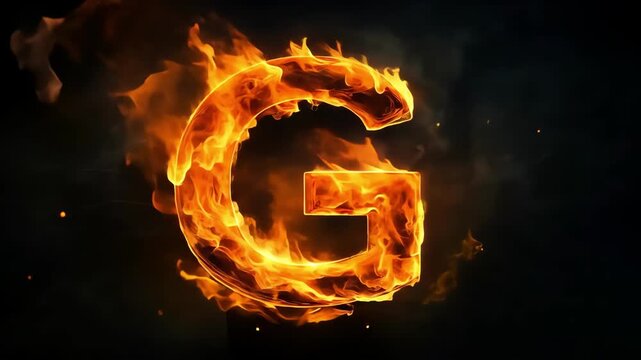 Fiery letter G. Burning alphabet symbol with intense flames and dark background.