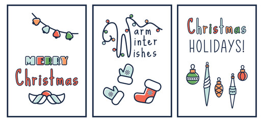 Christmas cards set with wishes. Cozy Xmas flyers decorated festive  snowflakes, gifts, pine trees, glowing lights. Hand drawn Christmas borders for winter holiday, invitations, personal notes. Vector