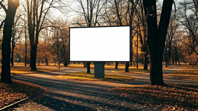 Large White Screen Billboard Mockup Template in Scenic Autumn Park Setting. Blank Outdoor Advertising Hoarding with Copy Space Surrounded by Golden Fall Foliage and Trees.