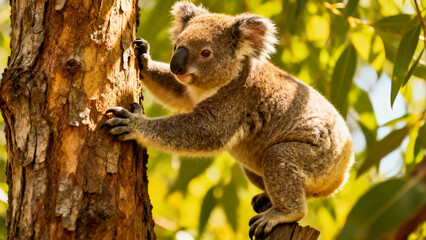 Fototapeta premium Koala climbing a eucalyptus tree in a natural forest setting