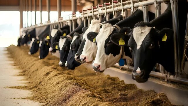 Cows Feeding in a Modern Dairy Farm with Clean Stalls and Natural Light