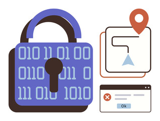 Lock with binary code, browser pop-up alert, navigation map with pin. Ideal for cybersecurity, data protection, online safety, GPS security, digital access, hacking prevention simple flat metaphor