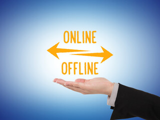 Hand holding a glowing symbol representing the transition between online and offline modes isolated on transparent background