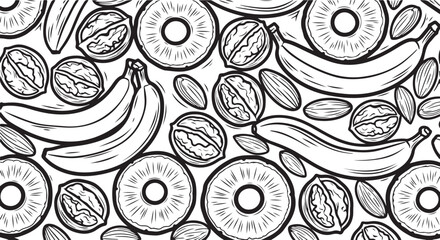 Monochrome Vector Seamless Pattern with Fruits and Nuts in Line Art Style © Muhammad