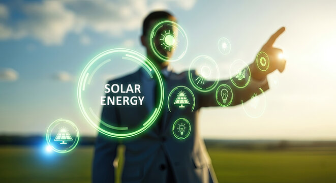 Innovative Solar Energy Solutions: Businessman Demonstrates Green Technology for a Sustainable Future, Clean Power and Renewable Resources Concept