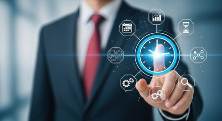 Businessman Touching Digital Clock with Business Icons, Representing Time Management, Productivity, Efficiency, and Deadline Control Concept