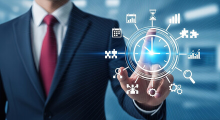 Businessman Touching Digital Clock, Time Management Concept. Productivity, Efficiency, Deadline, Planning, Schedule, and Project Management Solutions