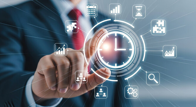 Time Management Strategy: Businessman Touching Digital Clock Interface for Productivity, Planning, and Business Growth. Modern Technology Concept.
