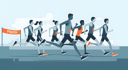 Group of diverse runners sprinting towards the finish line in a race competition.