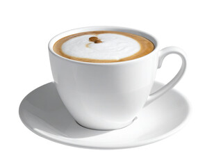 Fototapeta premium A cup of cappuccino with a white cup and saucer on a white background.