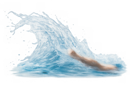 Person's arm submerged, cutting through powerful water splash and spray, suggesting movement and energy. Transparent background