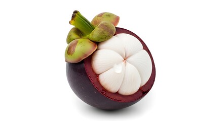 A cut mangosteen fruit showing the white segments inside the dark purple rind.