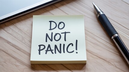 Calm under pressure with a 'do not panic' reminder on bright sticky note perfect for motivation and organization