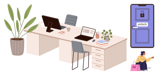 Office setup with desks, laptops, chairs, potted plants, coffee, and books. Locked door emphasizes security, remote work. Ideal for teamwork productivity workplace goals technology security