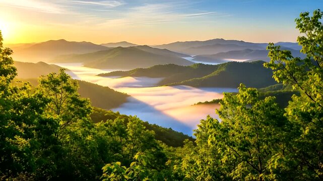 Serene sunrise over misty mountains with lush green trees in foreground - Powered by Adobe