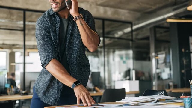 Medium shot of background investigator checking professional references via phone call in modern workspace