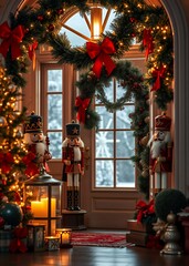 A beautiful holiday entrance adorned with festive decorations nutcrackers and a warm glow creating a welcoming atmosphere for guests during the festive season nutcrackers holiday  decoration christmas